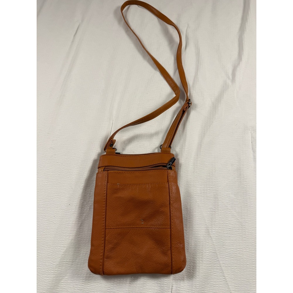 Cognac Brown Pebbled Faux Leather Slim Crossbody Bag Multi Zip Travel Purse